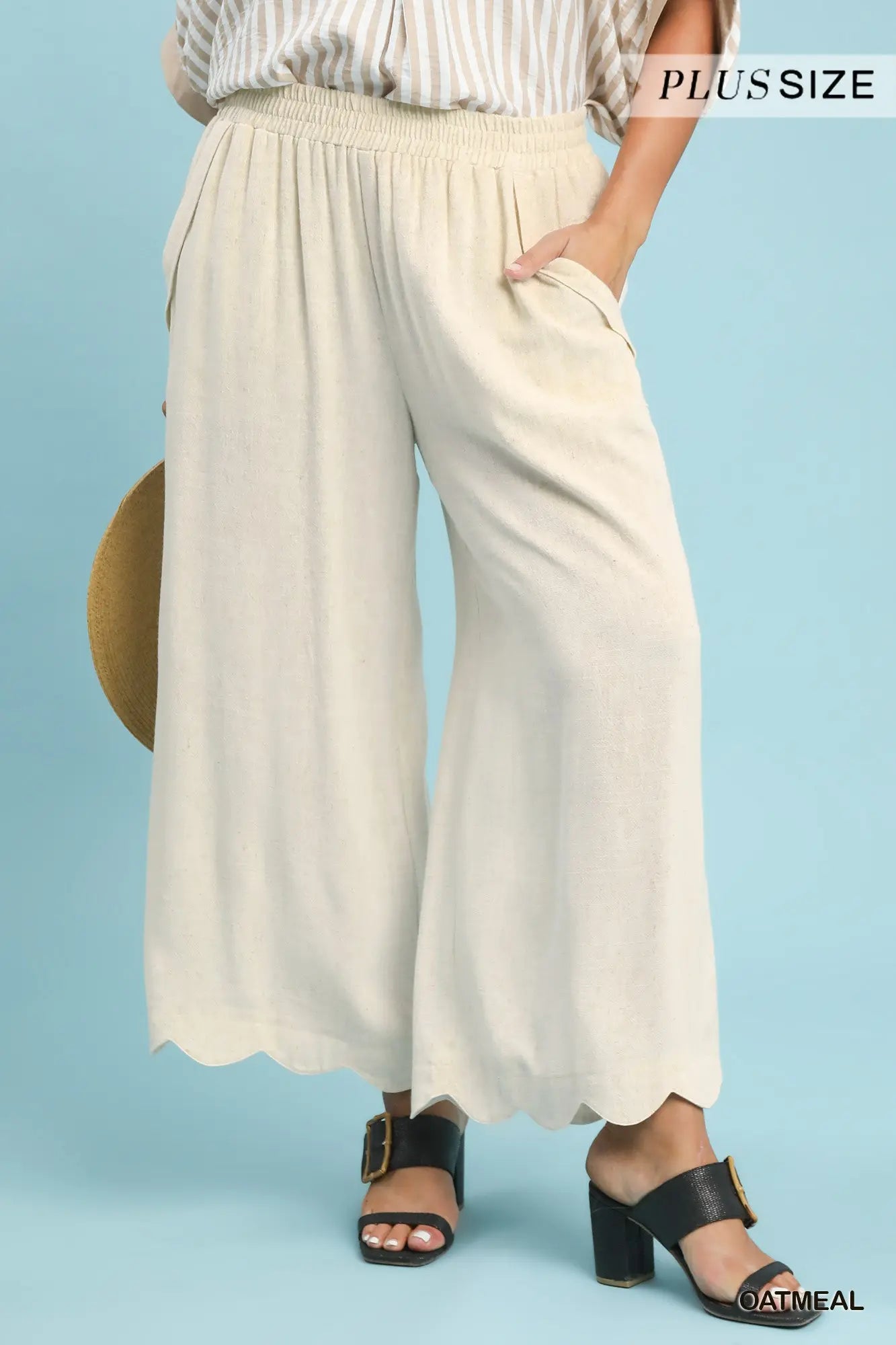 Umgee Linen Blend Scallop Hem Wide Leg Pants