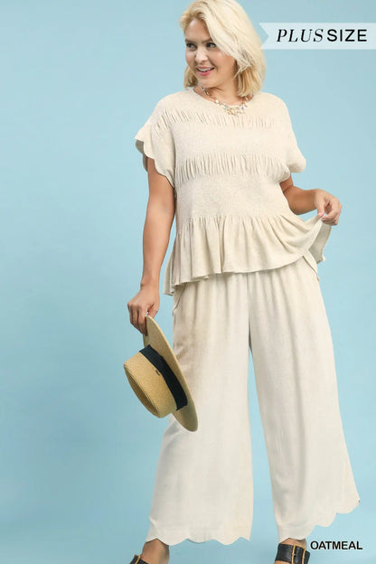 Umgee Linen Blend Scallop Hem Wide Leg Pants