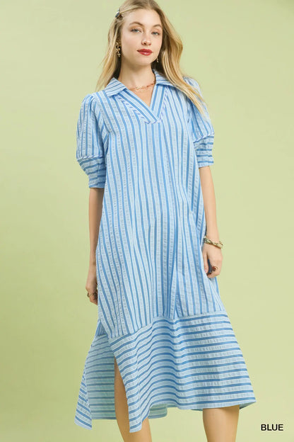 Umgee Striped Puff Sleeve Midi Dress - Blue