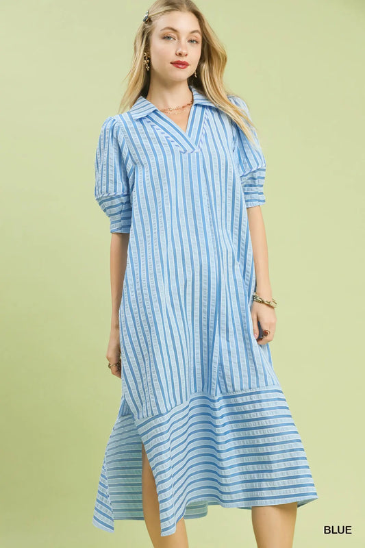 Umgee Striped Puff Sleeve Midi Dress - Blue