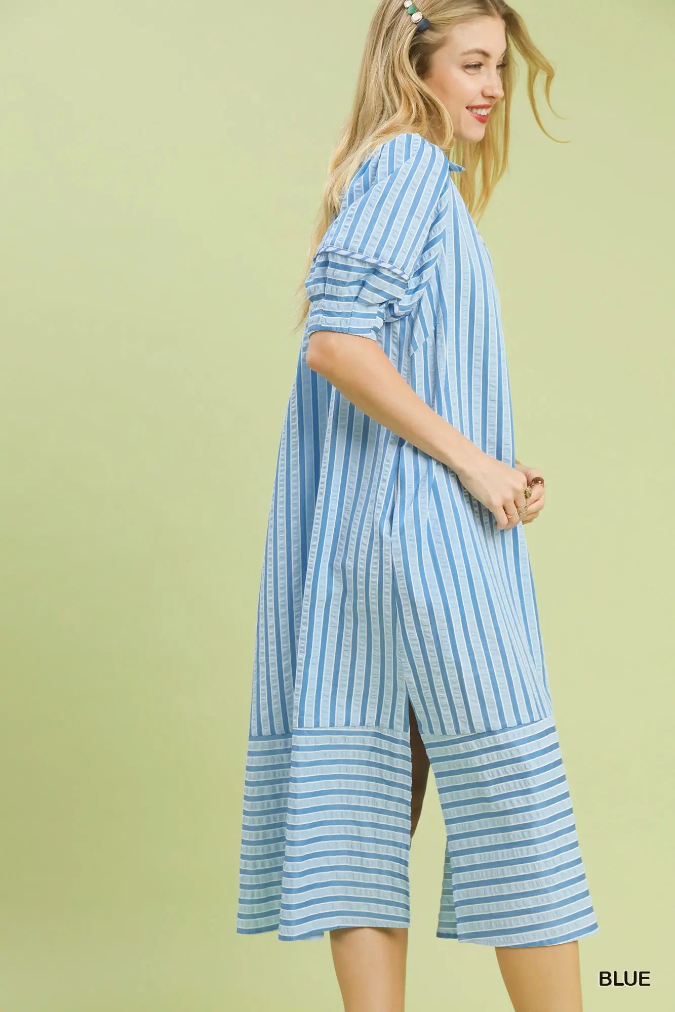 Umgee Striped Puff Sleeve Midi Dress - Blue