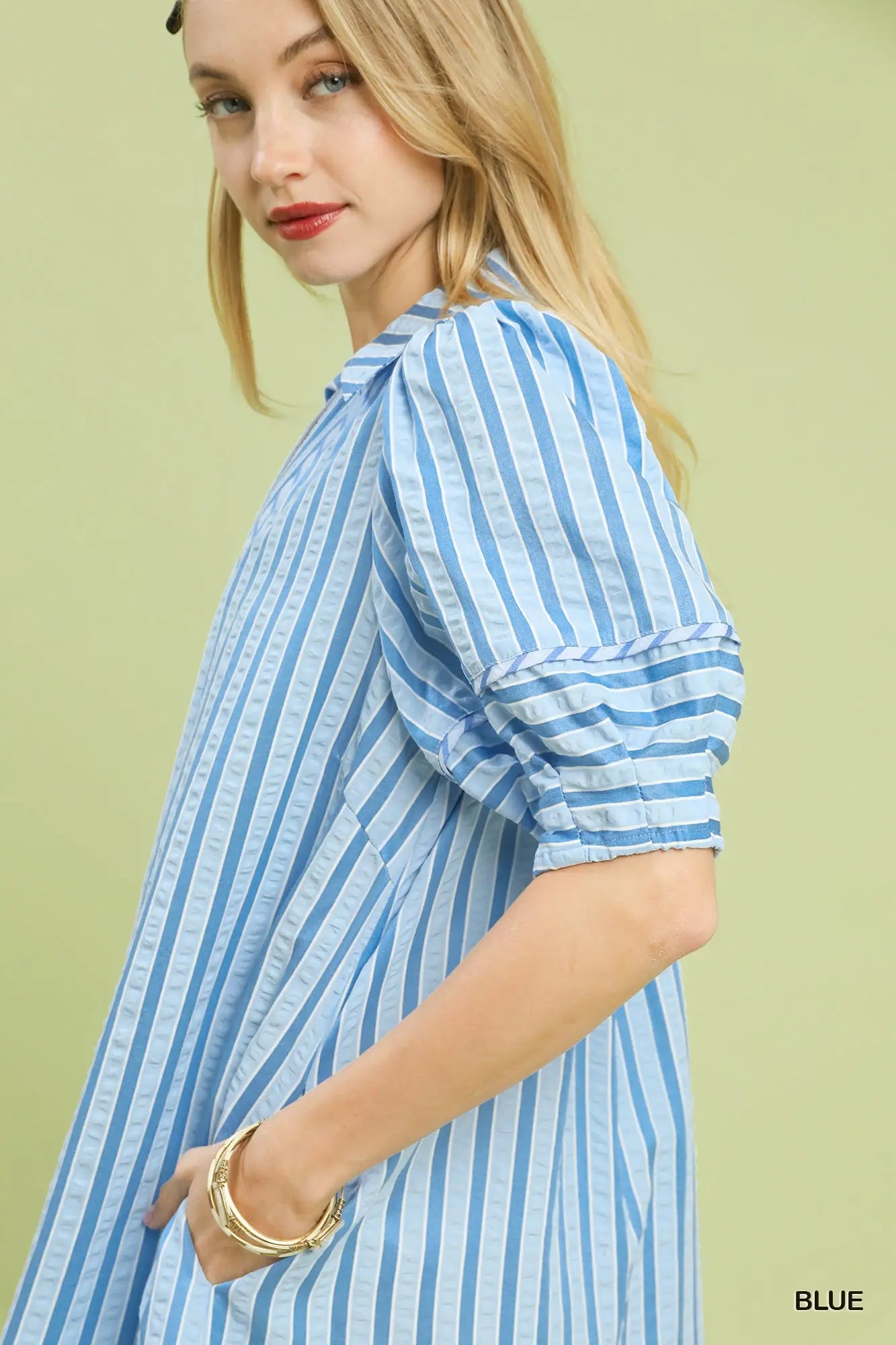 Umgee Striped Puff Sleeve Midi Dress - Blue