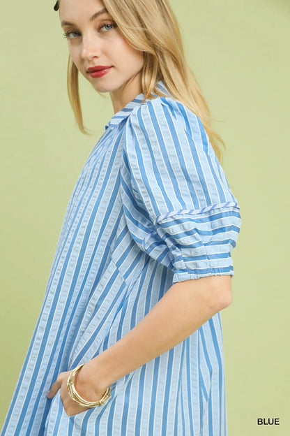 Umgee Striped Puff Sleeve Midi Dress - Blue