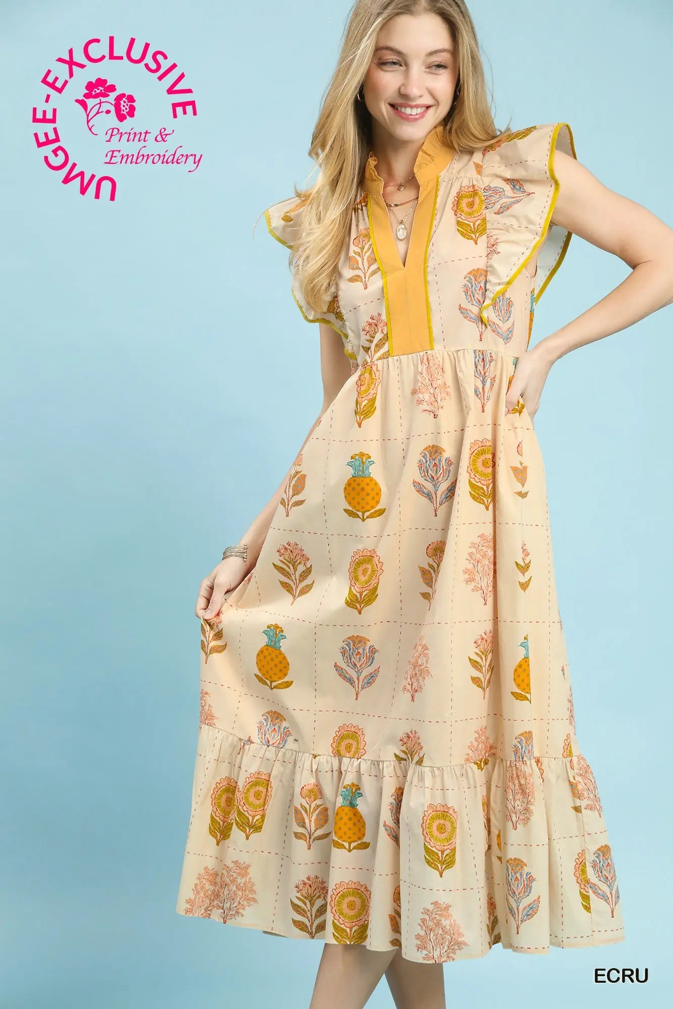Umgee Floral Print Midi Dress with Ruffle Sleeves - Ecru