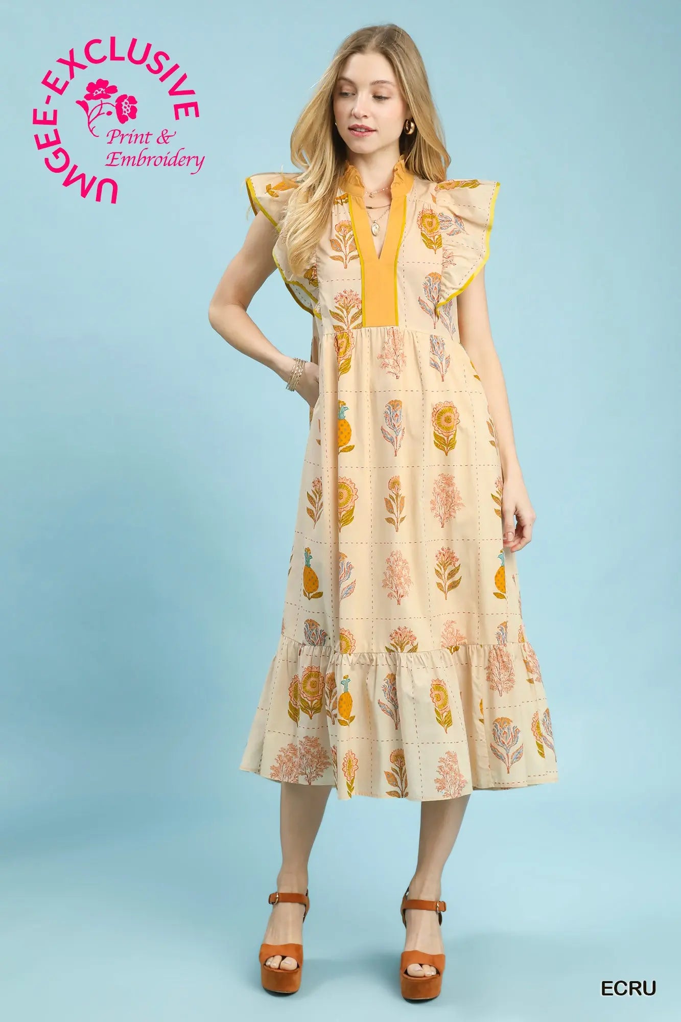 Umgee Floral Print Midi Dress with Ruffle Sleeves - Ecru