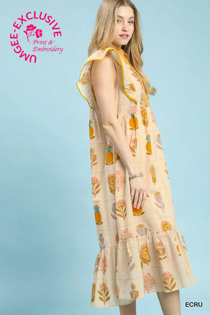 Umgee Floral Print Midi Dress with Ruffle Sleeves - Ecru