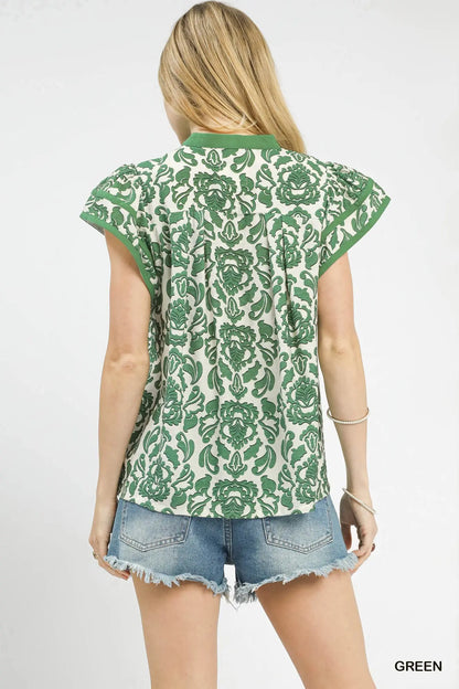 Umgee Green Abstract Print Flutter Sleeve Top
