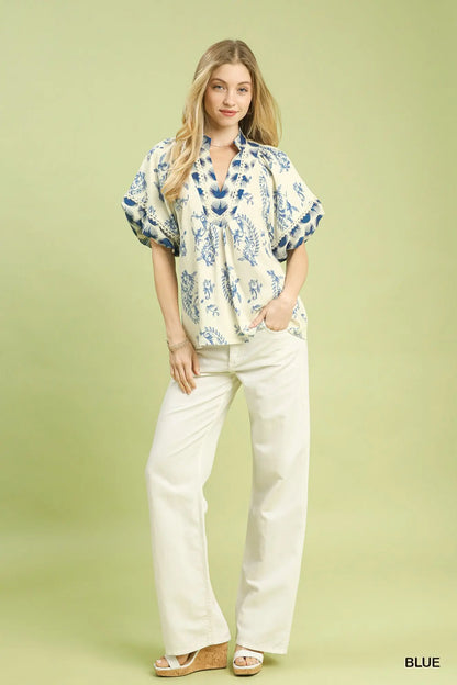 Umgee Boho Print Top with Lace Trim - Blue
