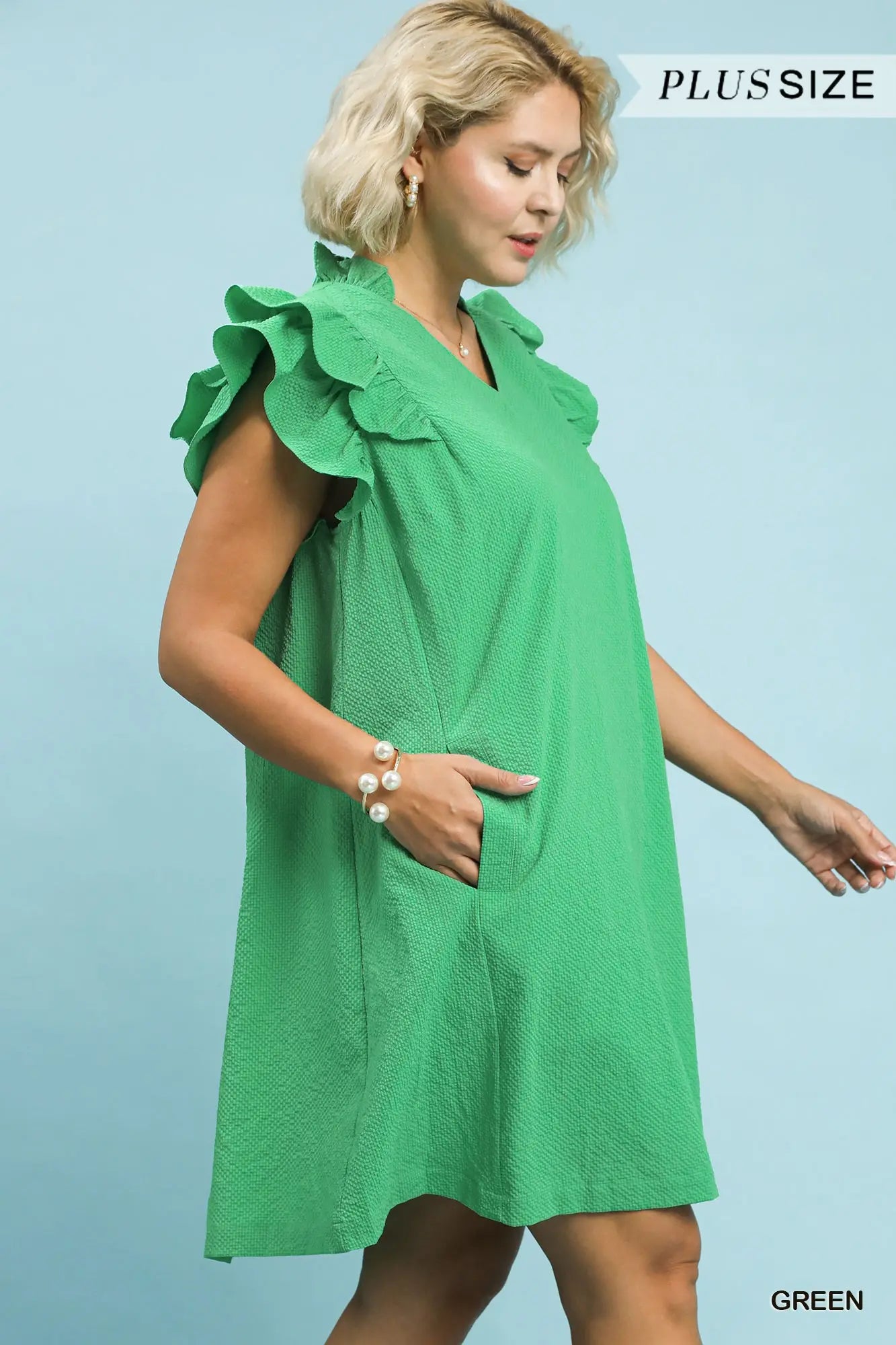 Umgee Green Seersucker Ruffle Shift Dress