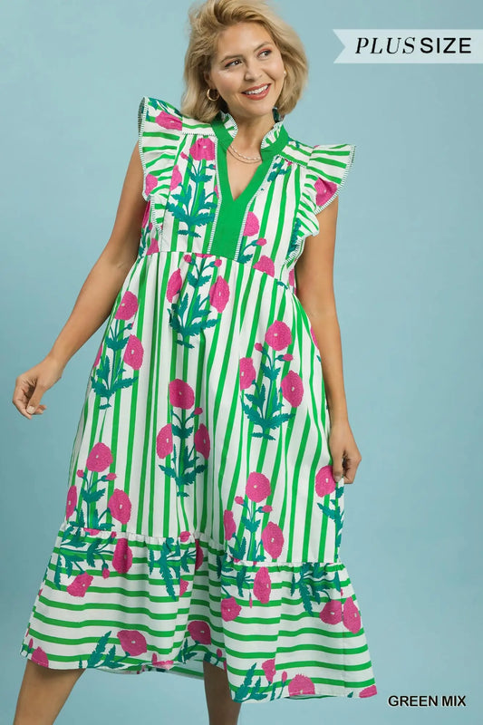 Umgee • Mix Striped Floral Midi Dress