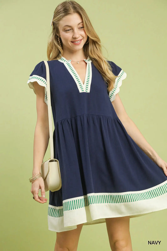 Umgee Linen Color Block Flutter Sleeve Dress - Navy