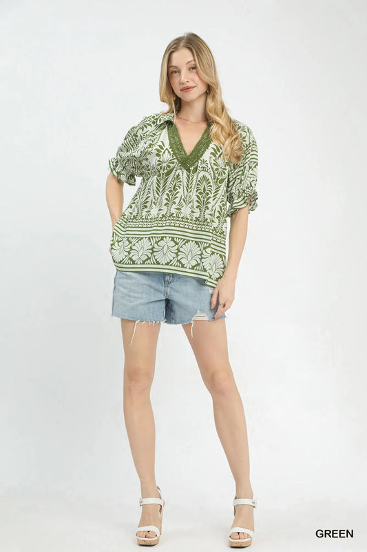 Umgee Two Tone Border Print Top - Green