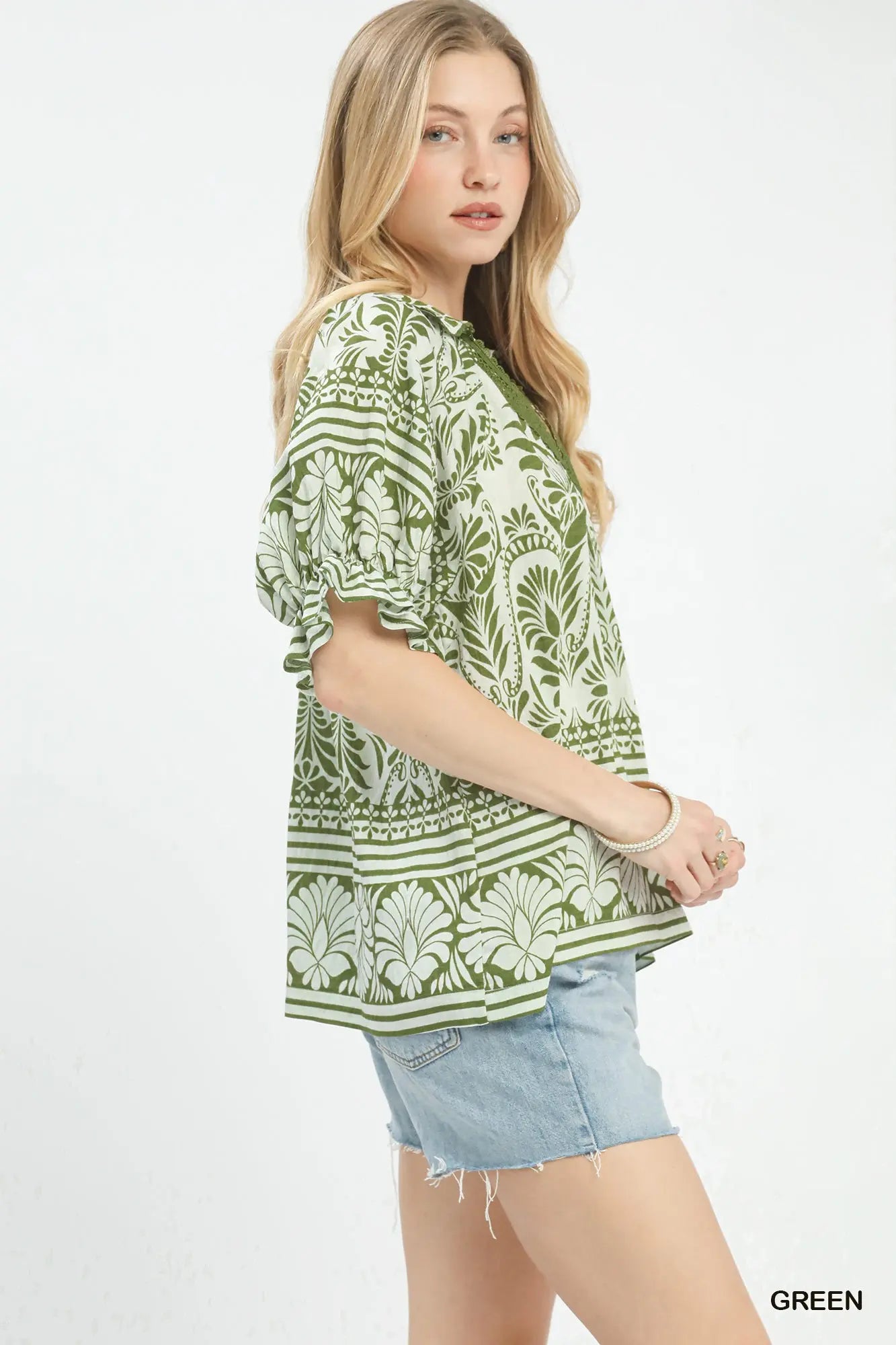 Umgee Two Tone Border Print Top - Green