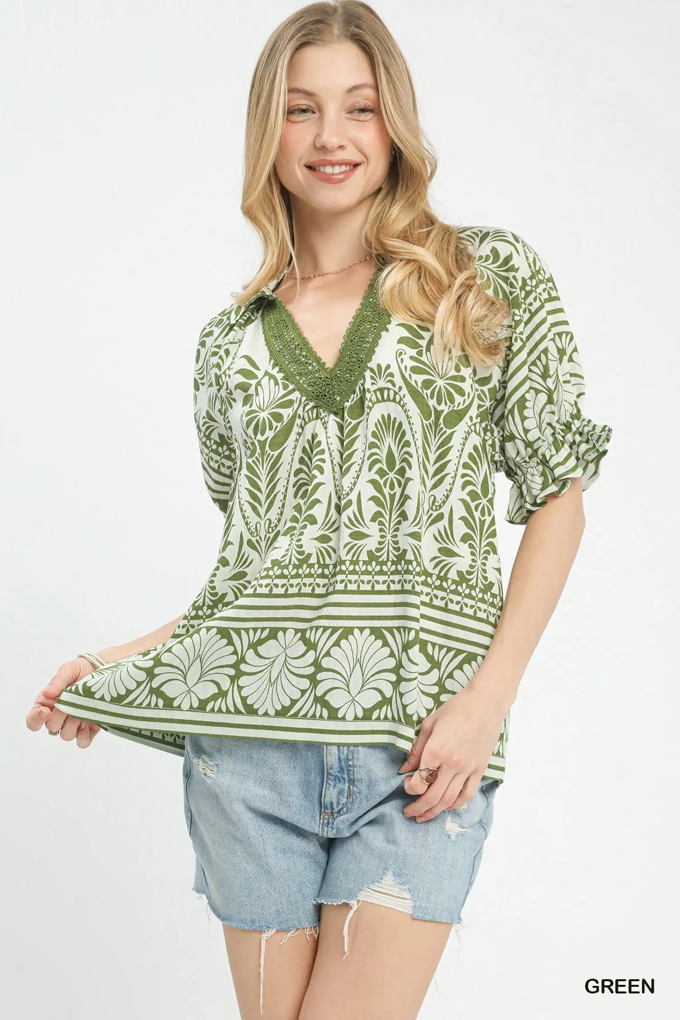 Umgee Two Tone Border Print Top - Green