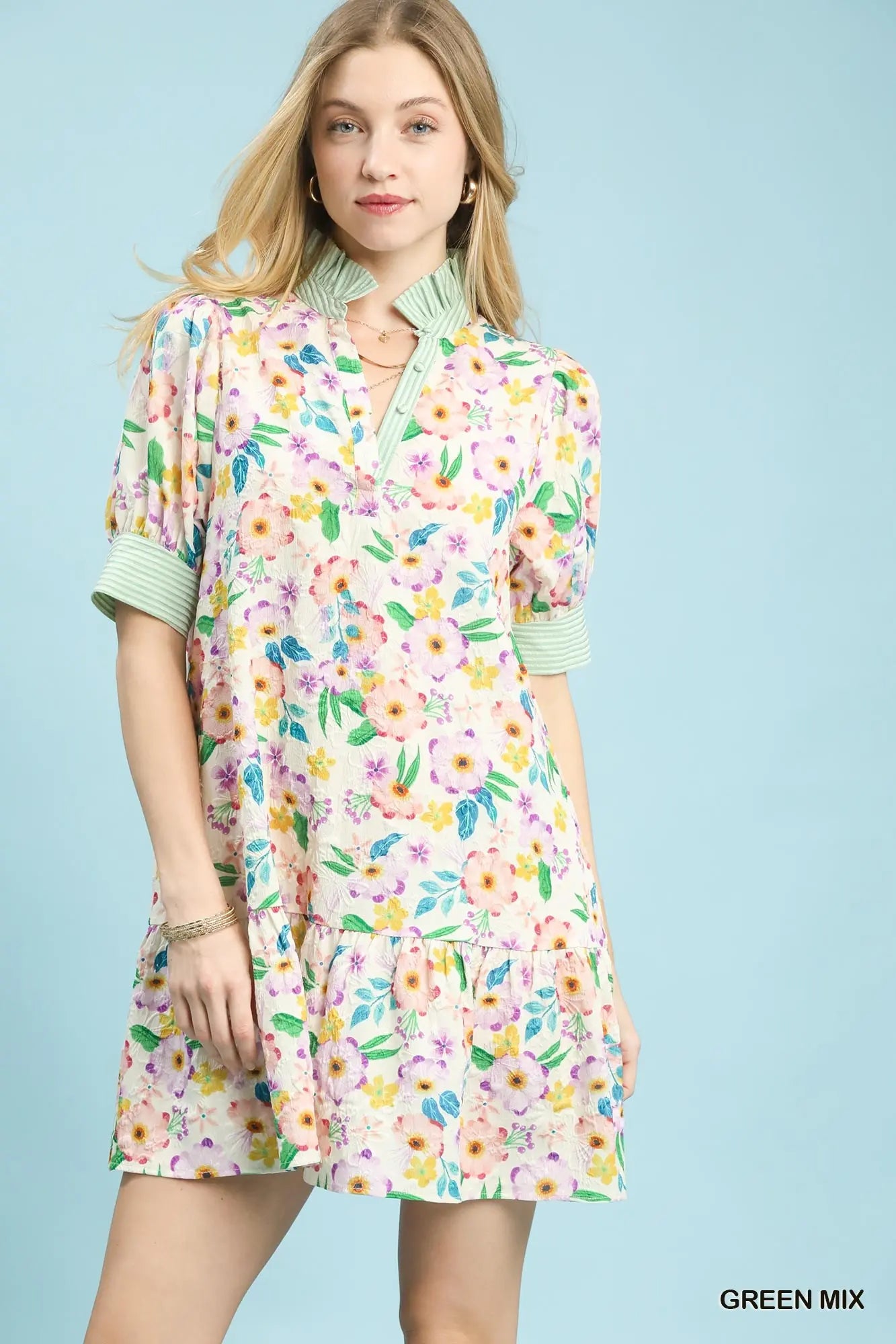 Umgee •Mix Floral Ruffle Collar Tiered Babydoll Dress