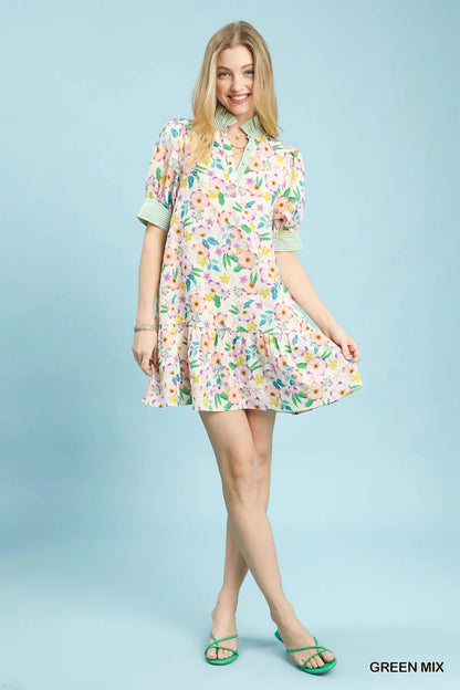 Umgee •Mix Floral Ruffle Collar Tiered Babydoll Dress