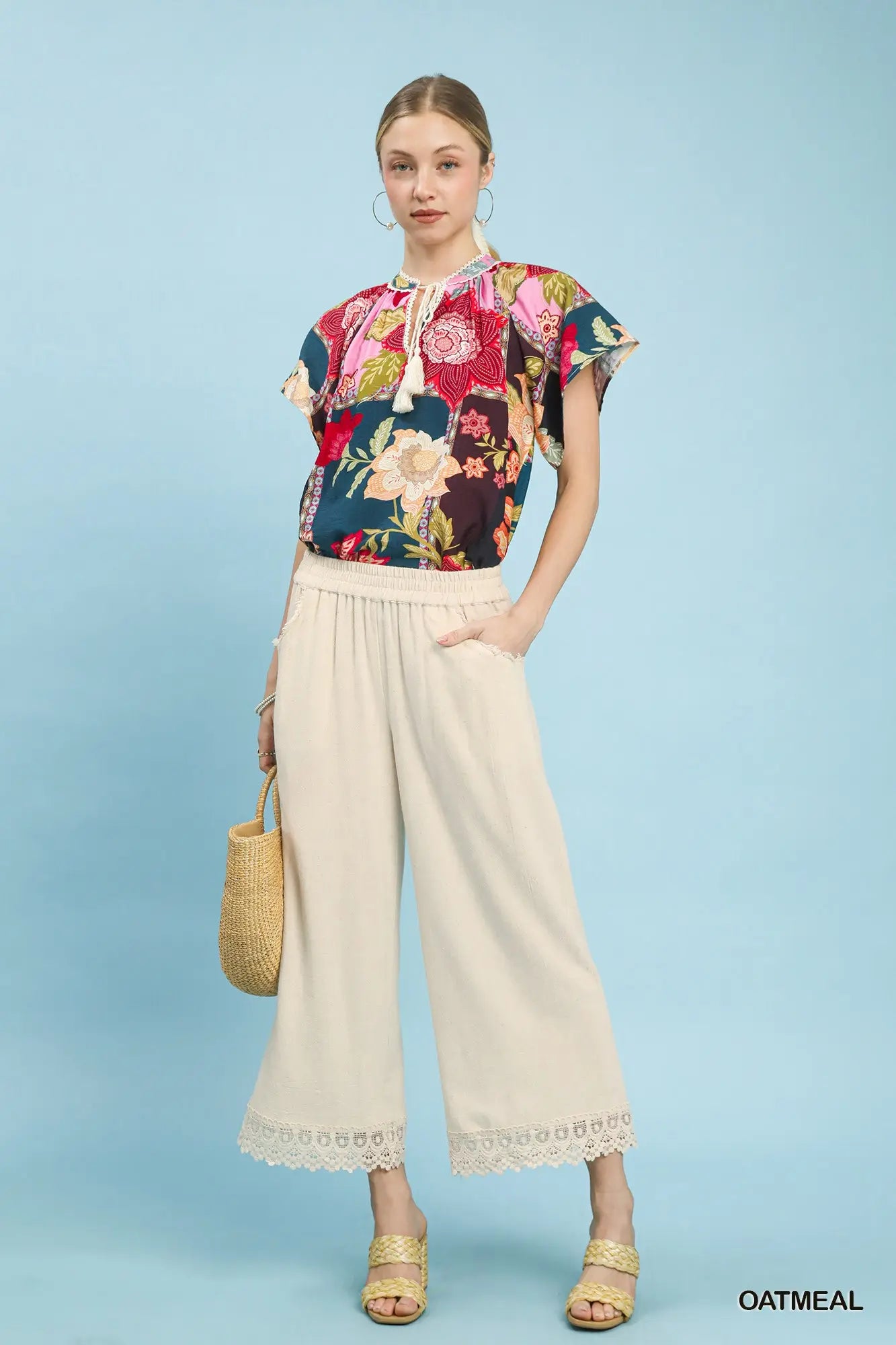 Umgee Oatmeal Linen Wide Leg Pants with Lace Trim
