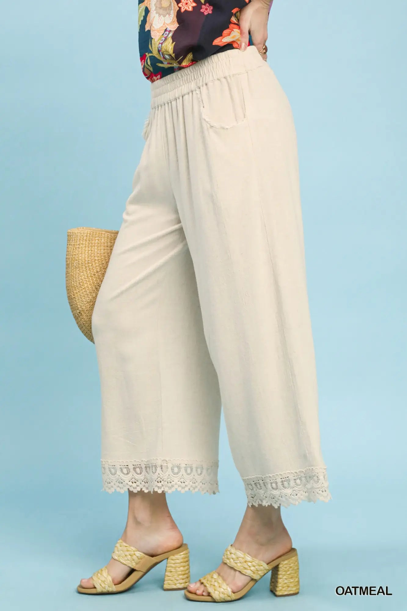 Umgee Oatmeal Linen Wide Leg Pants with Lace Trim