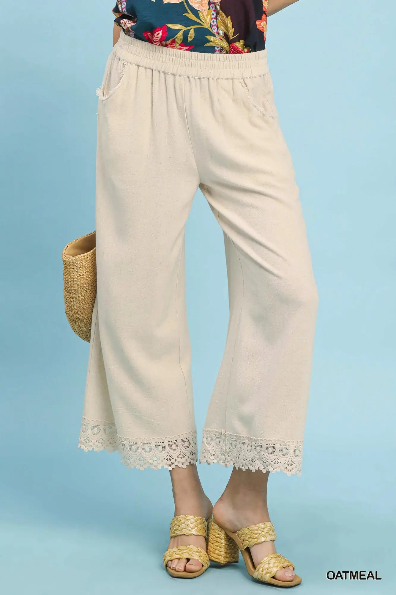 Umgee Oatmeal Linen Wide Leg Pants with Lace Trim