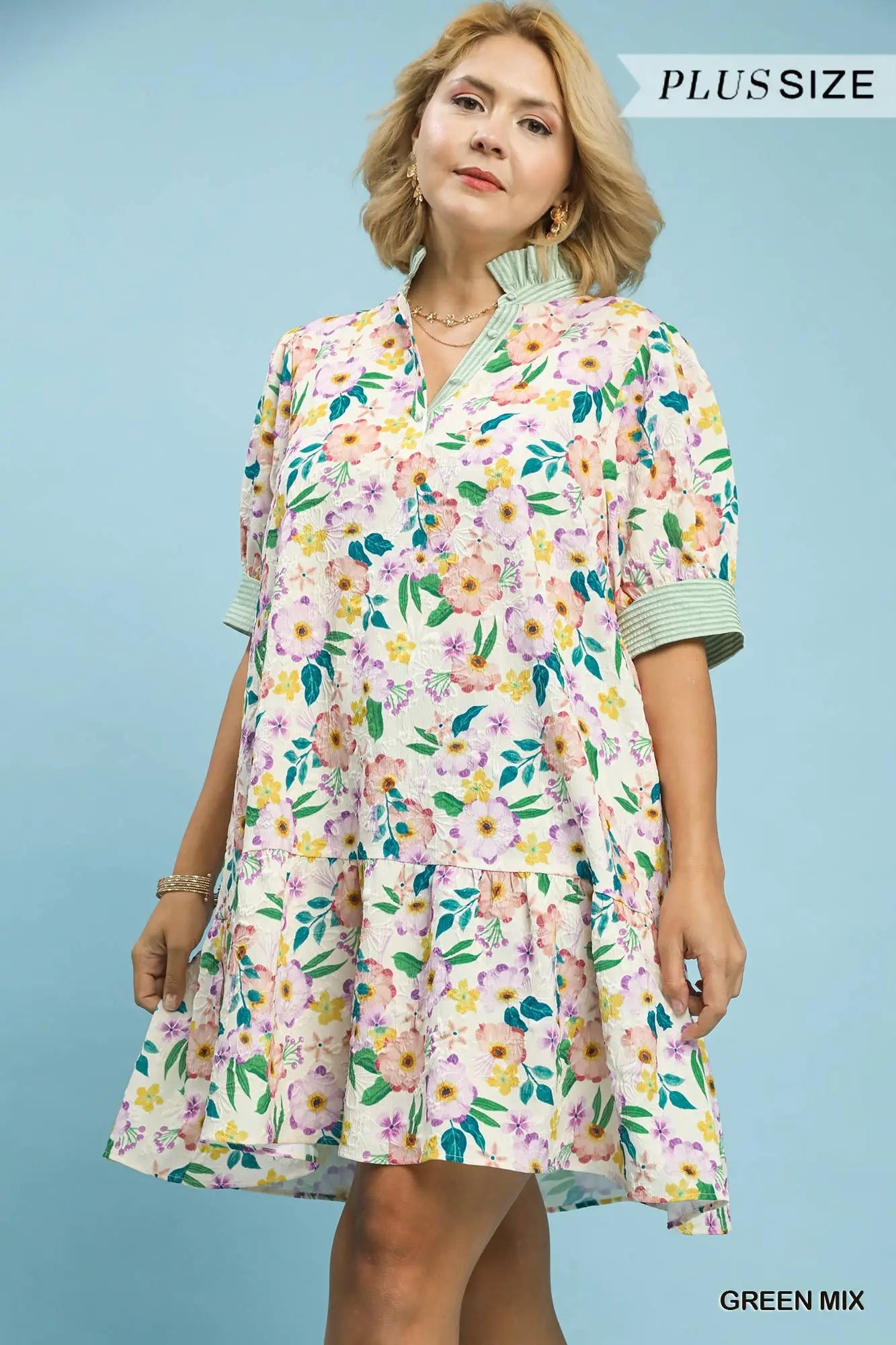 Umgee •Mix Floral Ruffle Collar Tiered Babydoll Dress