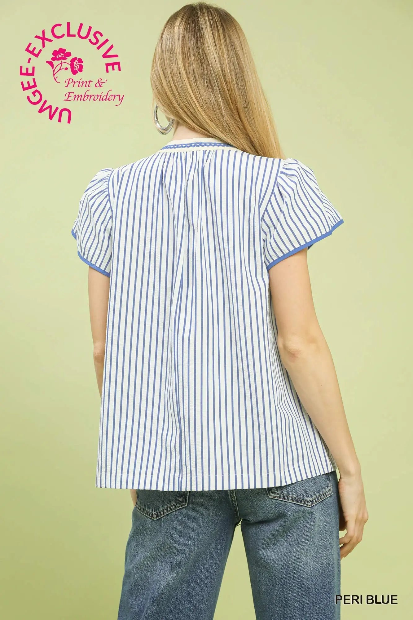 Umgee Blue V-neck Stripe Top with Lace Trim