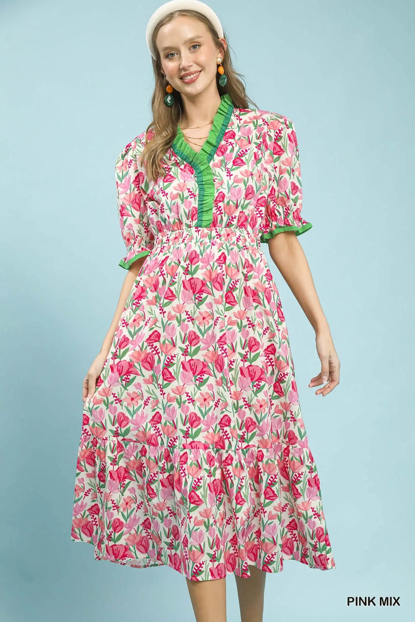 Umgee Pink Floral Ruffle Trim Tiered Midi Dress