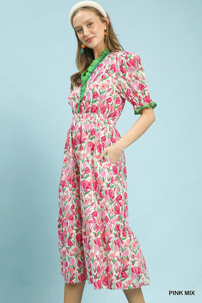 Umgee Pink Floral Ruffle Trim Tiered Midi Dress