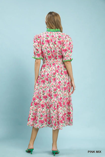 Umgee Pink Floral Ruffle Trim Tiered Midi Dress