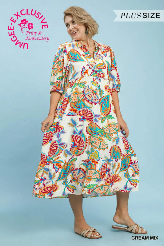 Umgee Cream Paisley Print Midi Dress