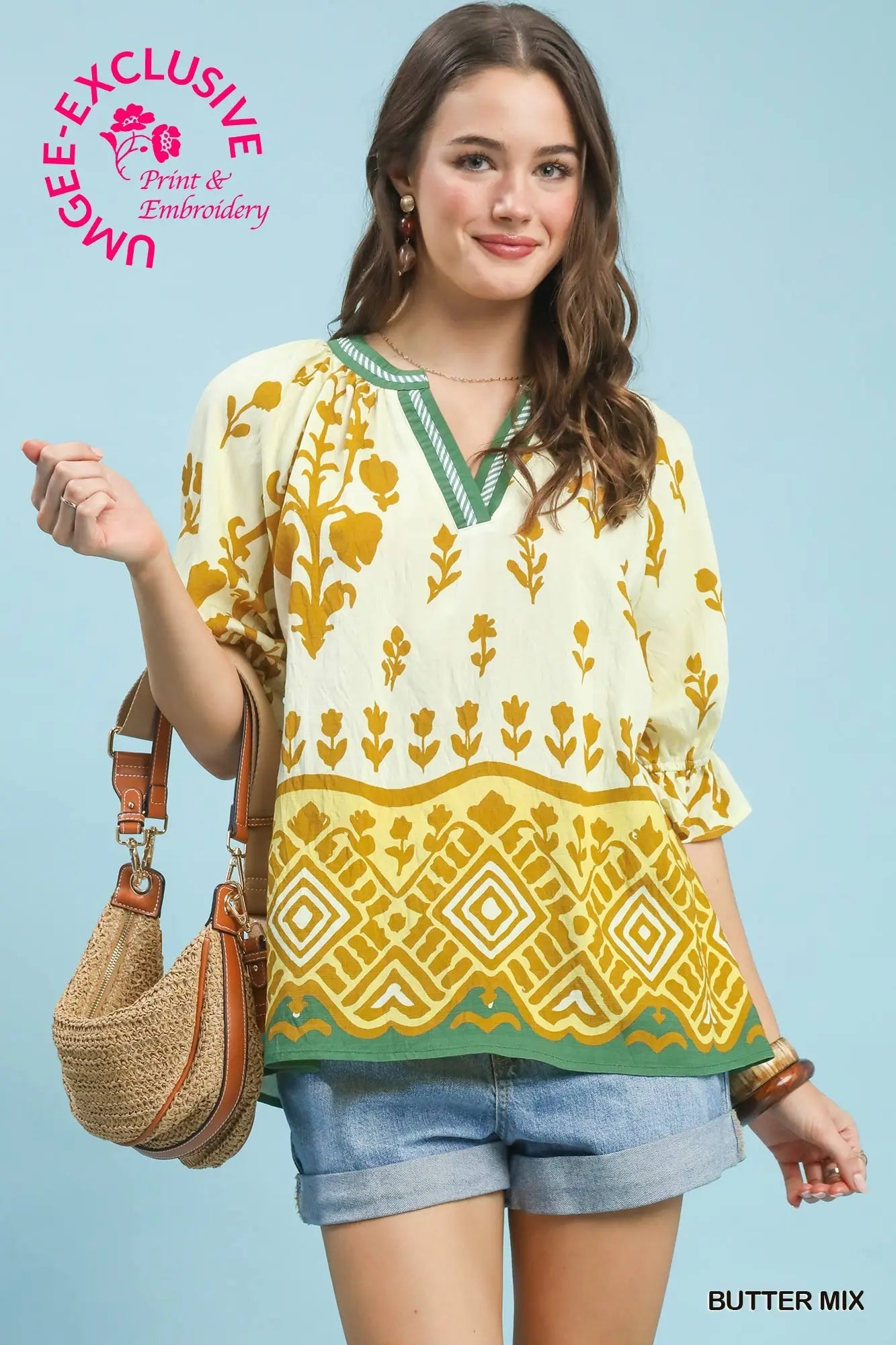 Umgee Border Print Puff Sleeve Split Neck Top - Butter Mix