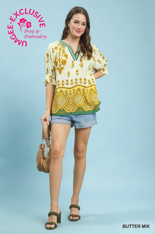 Umgee Border Print Puff Sleeve Split Neck Top - Butter Mix