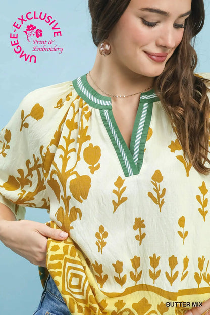 Umgee Border Print Puff Sleeve Split Neck Top - Butter Mix