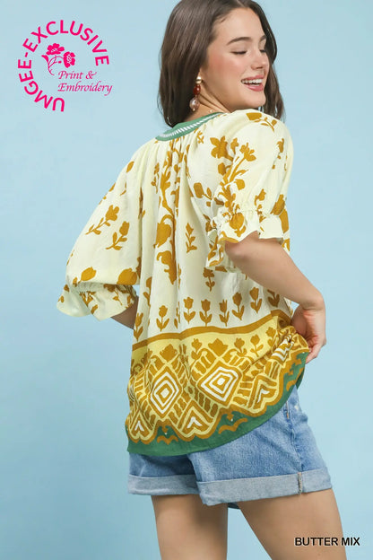 Umgee Border Print Puff Sleeve Split Neck Top - Butter Mix