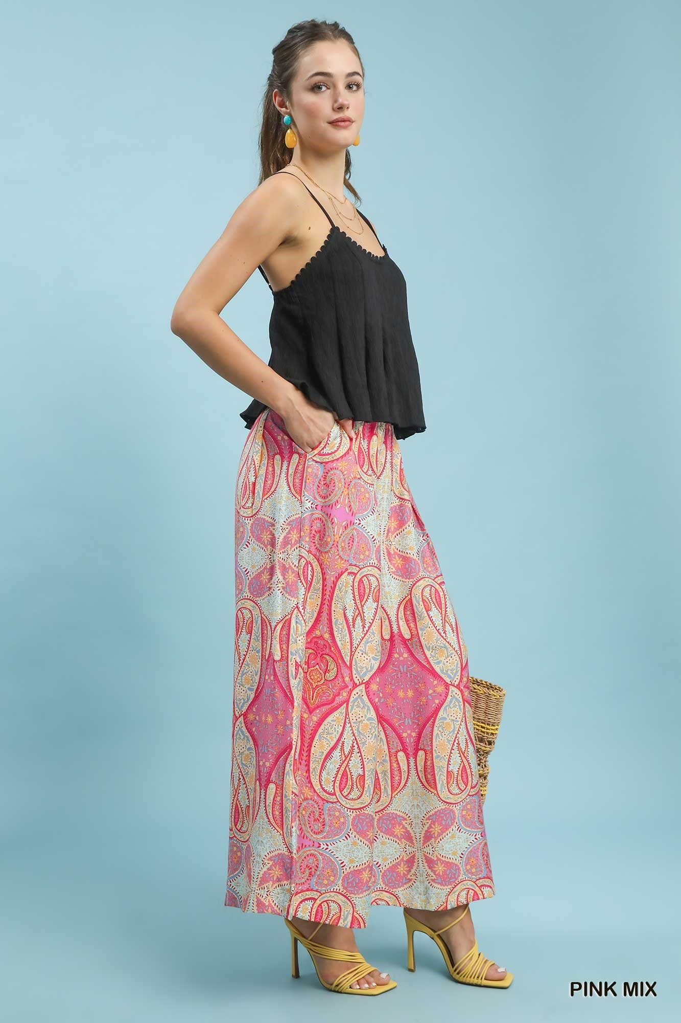 Side view of Umgee Pink Printed Pull-On Skirt Pants showing wide-leg skirt-pant design and allover printed pattern.