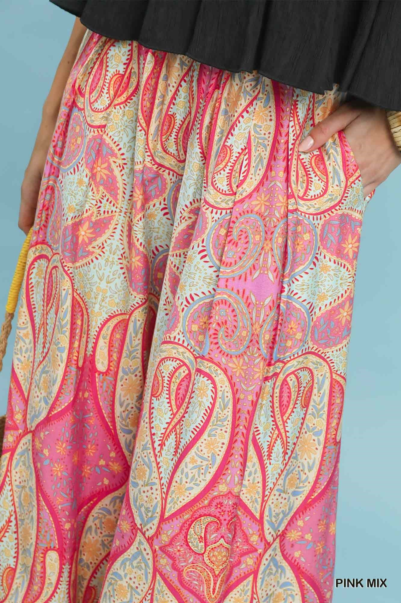 Close-up of printed fabric on Umgee Pink Pull-On Skirt Pants, highlighting lightweight woven texture and vibrant allover design.