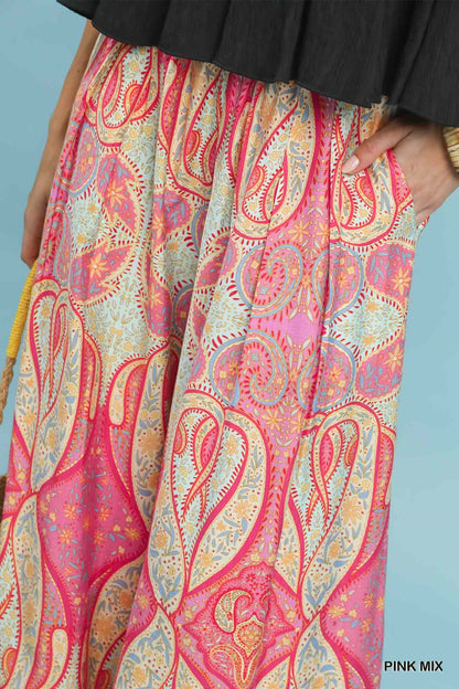 Close-up of printed fabric on Umgee Pink Pull-On Skirt Pants, highlighting lightweight woven texture and vibrant allover design.