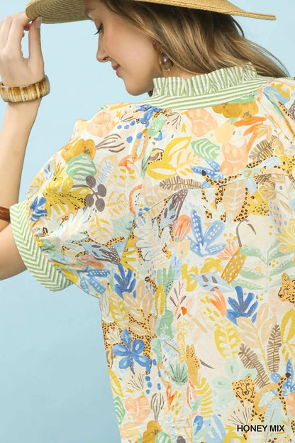 Umgee Mix Boho Printed V-Neck Top - Honey Mix
