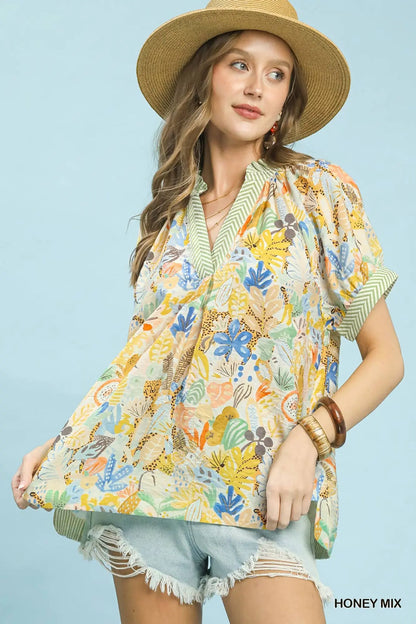 Umgee Mix Boho Printed V-Neck Top - Honey Mix