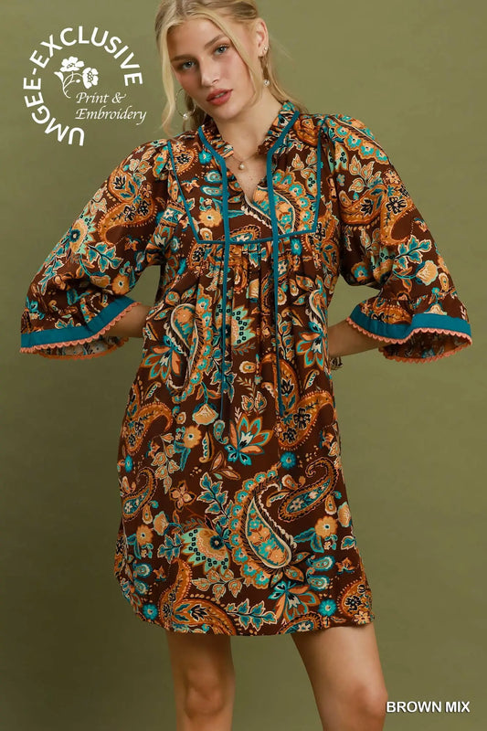 Umgee Paisley Print Dress - Brown Mix