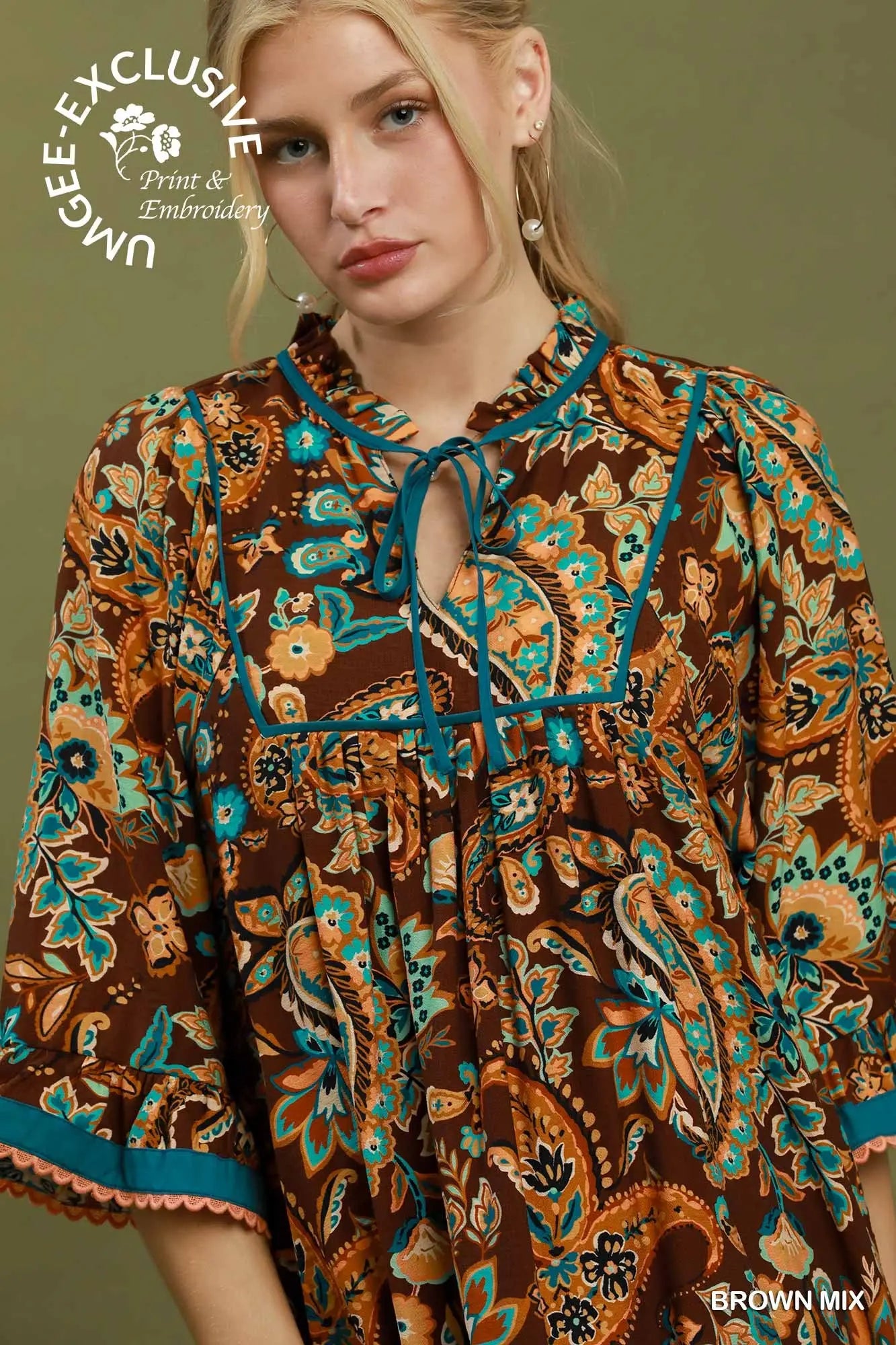 Umgee Paisley Print Dress - Brown Mix