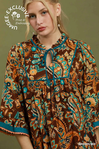 Umgee Paisley Print Dress - Brown Mix