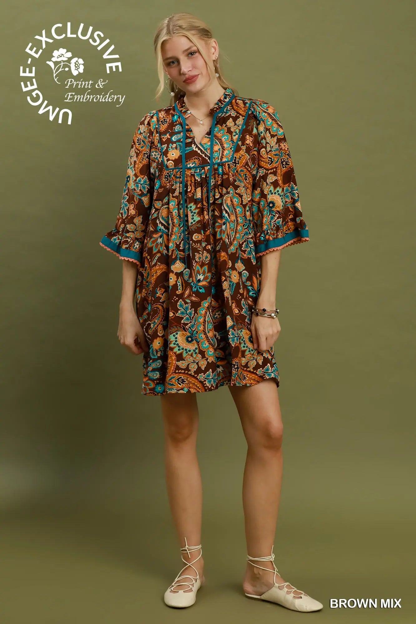 Umgee Paisley Print Dress - Brown Mix