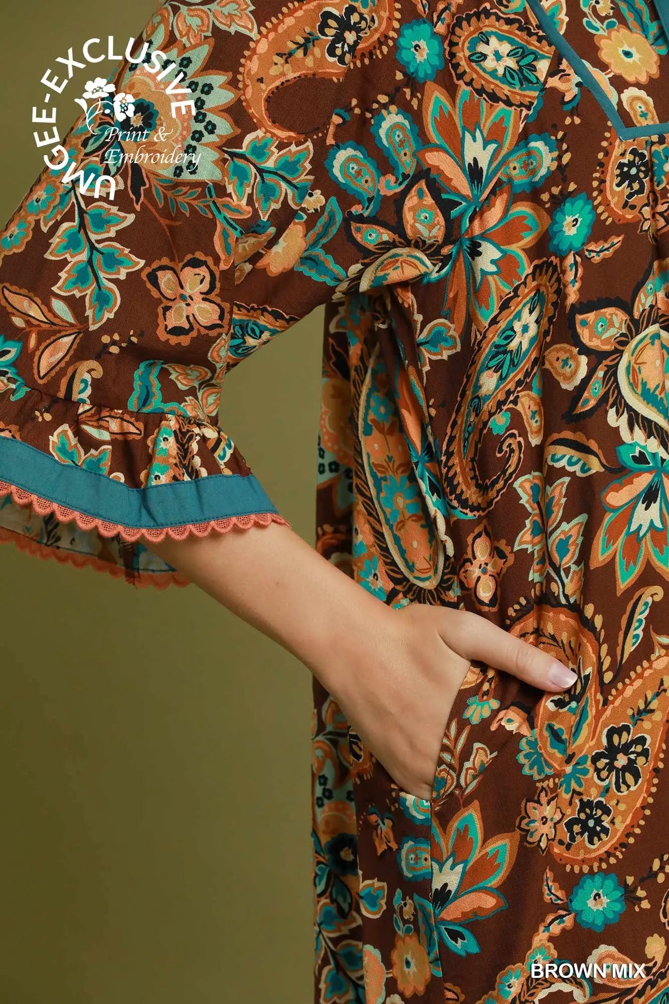 Umgee Paisley Print Dress - Brown Mix