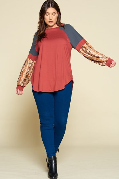 Plus Size Color Block Snake Skin Raglan Top