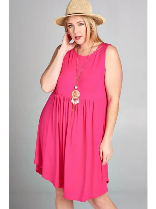 Plus Size Solid Sleeveless Jersey Short Swing Dress - Hot Pink