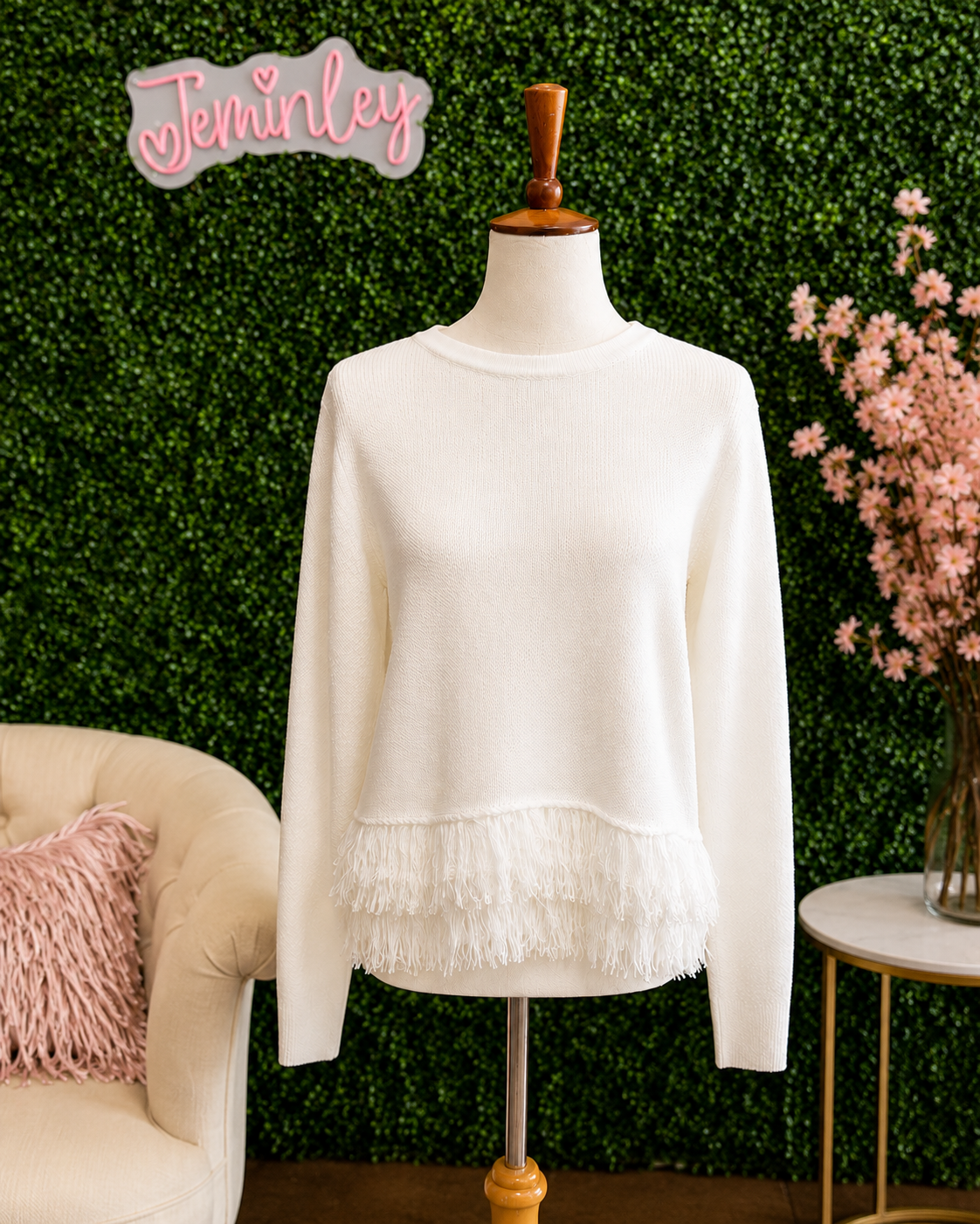 Charlie B Ecru Long Sleeve Crew Neck Sweater with Fringe Hem