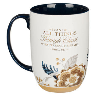 I Can Do All Things Honey-brown and Blue Ceramic Mug with Exposed Clay Base - Philippians 4:13