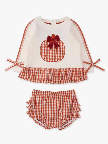 Baby Girls Pumpkin Bow Ivory Applique Ruffle Bow Sweatshirt Swing Top & Ruffle Bloomer Set