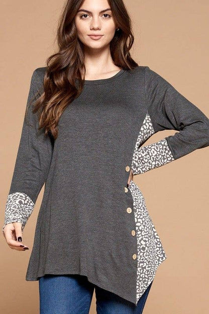 Charcoal Side Button Tunic Top with Animal Print Contrast