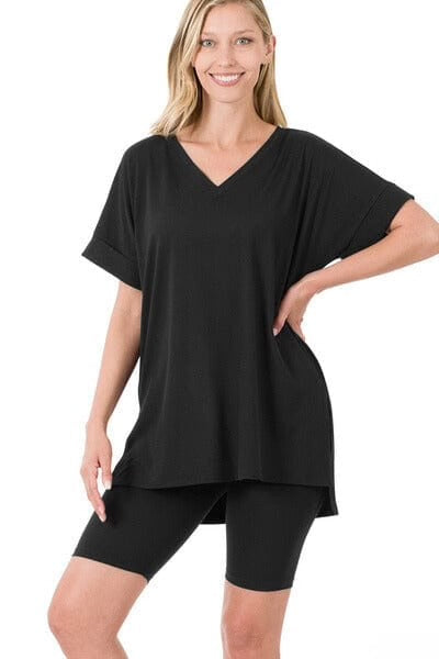 Black microfiber v neck top and bikers shorts set